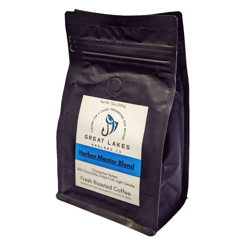 Great Lakes Anglers Harbor Master Blend (12oz). Med-Dark Roast. Rich caramel, chocolate & a hint of smoke.