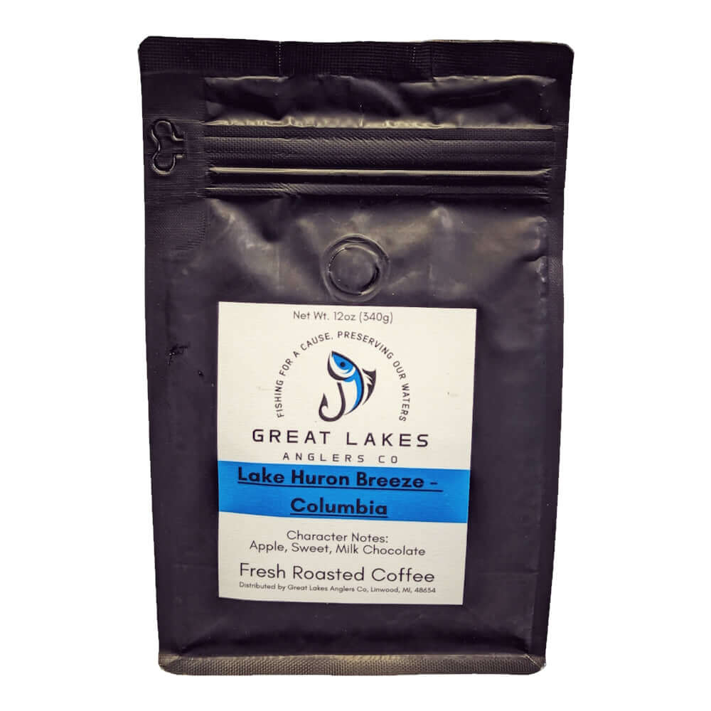 Great Lakes Anglers Lake Huron (12oz). Med. roast Colombian coffee. Vibrant & rich, Santa Maria region.
