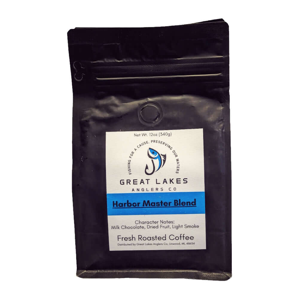 Great Lakes Anglers Harbor Master Blend (12oz). Med-Dark Roast. Rich caramel, chocolate & a hint of smoke. 