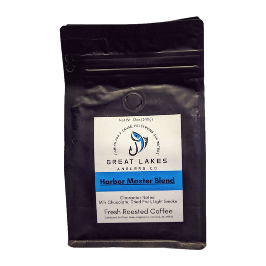 Great Lakes Anglers Harbor Master Blend (12oz). Med-Dark Roast. Rich caramel, chocolate & a hint of smoke. 