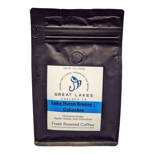 Great Lakes Anglers Lake Huron (12oz). Med. roast Colombian coffee. Vibrant & rich, Santa Maria region.
